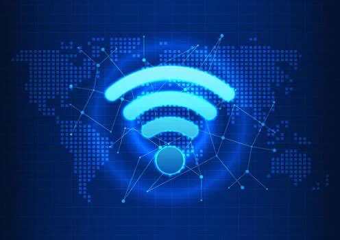 Wi-Fi symbol on a map of earth with interconnected lines symbolizing a network