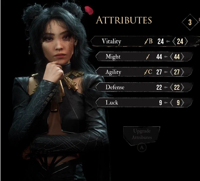 screenshot of lune with a pretty black jacket midriff outfit and moon bun hair
