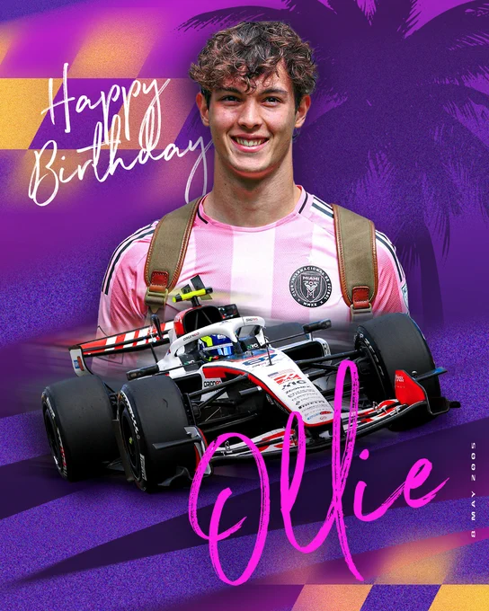 Ollie Bearman smiles wearing a pink and black sports jersey with a logo. Below him is an image of a Formula 1 Haas car. The background has purple palm tree silhouettes with the text "Happy Birthday Ollie" in playful fonts.
