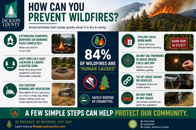 Infographic from Jackson County Emergency Management about preventing wildfires. The graphic lists common causes of human-started fires and ways to prevent them, including extinguishing campfires, following burn bans, avoiding sparks, not using fireworks in dry areas, securing trailer chains, avoiding parking on dry grass, using caution when mowing, and properly disposing of cigarettes. Icons and visuals represent each safety tip.