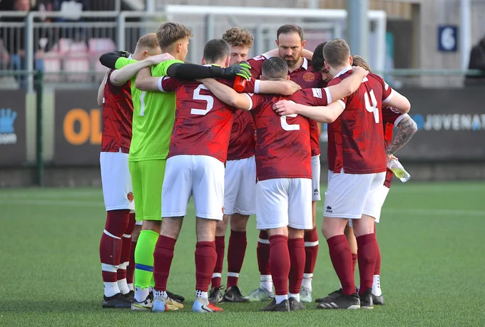Dial Square huddle before their Surrey FA Saturday Intermediate County Cup Final against Worcester Park at the Meadowbank Stadium.