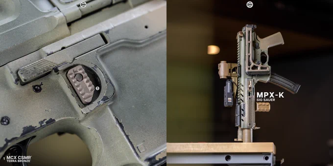 RailScales QTR Stop, RSBM-P Polymer M-LOK VFG, G10 RailScales M-LOK Scales (MiniDot, TerraCore, 3-Slot), G10 Solo's M-LOK Scales (MiniDot, TerraCore, 1-Slot), QDX Sling Mount, Halftop Mount for Scout Light Pro Lights, MCX CSMR Mag Button | Sig Sauer MPX-K SBR, SilencerCo Omega 9K Suppressor, Lancer Systems CF MPX 8" Handguard, Surefire M340V-Pro Scout Light Pro IR Weapon Light w/ SR07-D-IT Switch & Geissele Vampire Light Throw Lever, Aimpoint Micro T-2 RDS in 20150 Cerakote on Unity Tactical FAST Micro Mount, Steiner CQBL-1 Laser on HRF Concepts SKIFF Mount, Geissele MPX Trigger & MPX Charging Handle, Magpul SL FDE Grip, Parker Mountain Machine ULSS Stock.