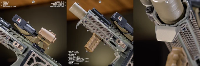 RailScales QTR Stop, RSBM-P Polymer M-LOK VFG, G10 RailScales M-LOK Scales (MiniDot, TerraCore, 3-Slot), G10 Solo's M-LOK Scales (MiniDot, TerraCore, 1-Slot), QDX Sling Mount, Halftop Mount for Scout Light Pro Lights, MCX CSMR Mag Button | Sig Sauer MPX-K SBR, SilencerCo Omega 9K Suppressor, Lancer Systems CF MPX 8" Handguard, Surefire M340V-Pro Scout Light Pro IR Weapon Light w/ SR07-D-IT Switch & Geissele Vampire Light Throw Lever, Aimpoint Micro T-2 RDS in 20150 Cerakote on Unity Tactical FAST Micro Mount, Steiner CQBL-1 Laser on HRF Concepts SKIFF Mount, Geissele MPX Trigger & MPX Charging Handle, Magpul SL FDE Grip, Parker Mountain Machine ULSS Stock.