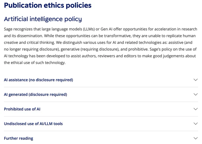 Image of the preamble and headings of Sage Publishing’s Artificial Intelligence Policy