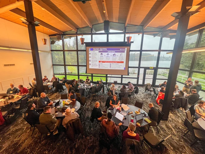 Cedar River Dam Group Exercise with many tables of people