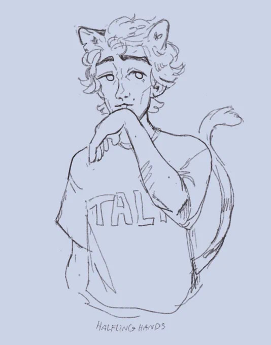 Digital sketch of vikitty happily licking the back of his paw