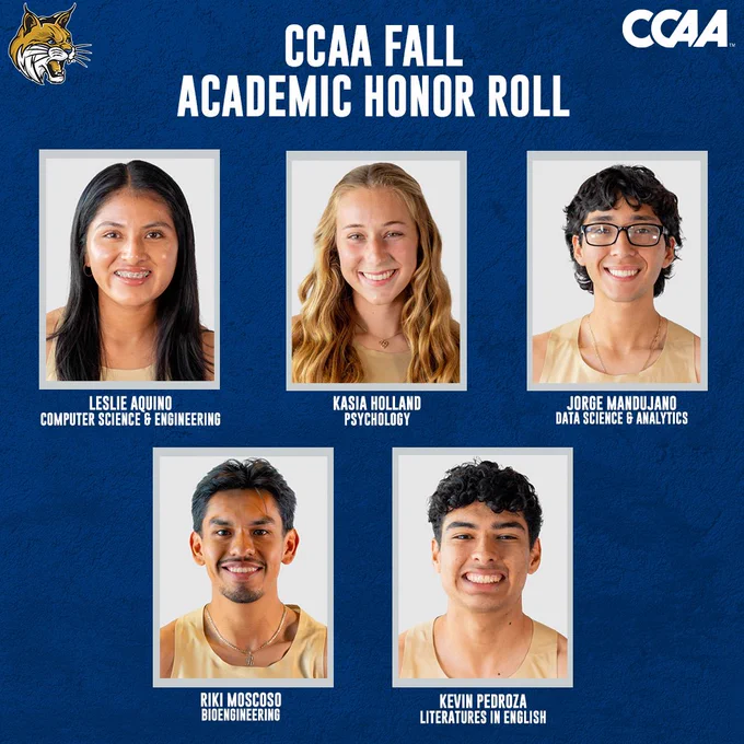 A graphic with headshots of the CCAA Fall Academic Honor Roll members Leslie Aquino, Kasia Holland, Jorge Mandujano, Riki Moscoso, and Kevin Pedroza.