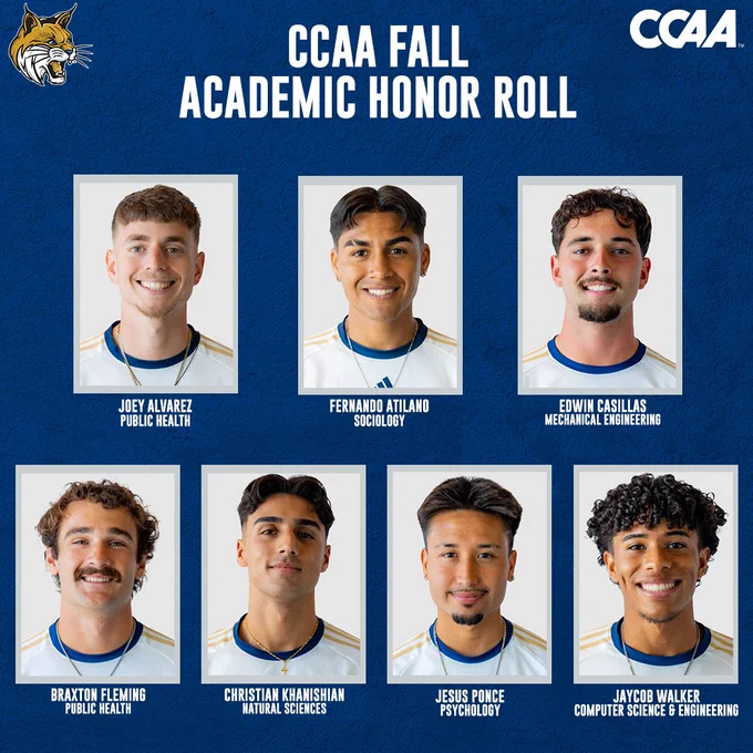 A graphic with headshots of the CCAA Fall Academic Honor Roll members Joey Alvarez, Fernando Atilano, Edwin Casillas, Braxton Fleming, Christian Khanishian, Jesus Ponce, and Jaycob Walker.