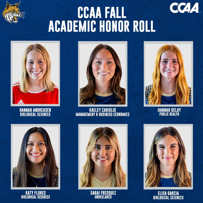 A graphic with headshots of the CCAA Fall Academic Honor Roll members Hannah Andreasen, Kaeley Cariglio, Hannah DeLay, Katy Flores, Sarai Fresquez, and Elisa Garcia.