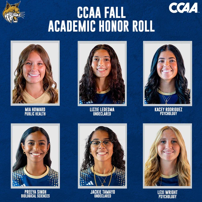 A graphic with headshots of the CCAA Fall Academic Honor Roll members Mia Howard, Lizzie Ledesma, Kacey Rodriguez, Preeya Singh, Jackie Tamayo, and Lexi Wright.