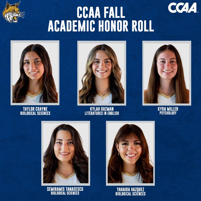 A graphic with headshots of the CCAA Fall Academic Honor Roll members Taylor Crayne, Kylah Guzman, Kyra Miller, Semiramis Tanasescu, Yahaira Vazquez.