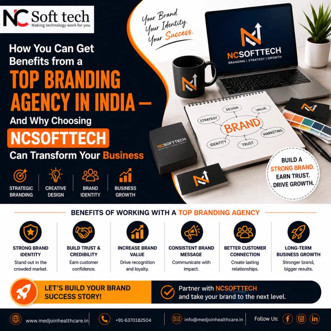 Build a Powerful Brand Presence with the Right Branding Partner

In today’s competitive digital world, your brand is more than just a logo — it’s your identity, reputation, and customer experience. A top branding agency helps businesses create a memorable image that attracts customers, builds trust, and drives long-term growth.

✨ From strategic brand positioning and creative design to digital visibility and audience engagement, the right branding agency can completely transform how your business is perceived in the market.

Why Businesses Need a Top Branding Agency in India?

✅ Strong Brand Identity Creation
✅ Professional Logo & Visual Design
✅ Better Online Visibility & Recognition
✅ Consistent Marketing Across Platforms
✅ Increased Customer Trust & Loyalty
✅ Higher Lead Generation & Sales Growth
✅ Competitive Edge in Your Industry

A professionally built brand doesn’t just look good — it helps your business grow faster and stand out in crowded markets.

Why Choose NCSofttech
?

At 
