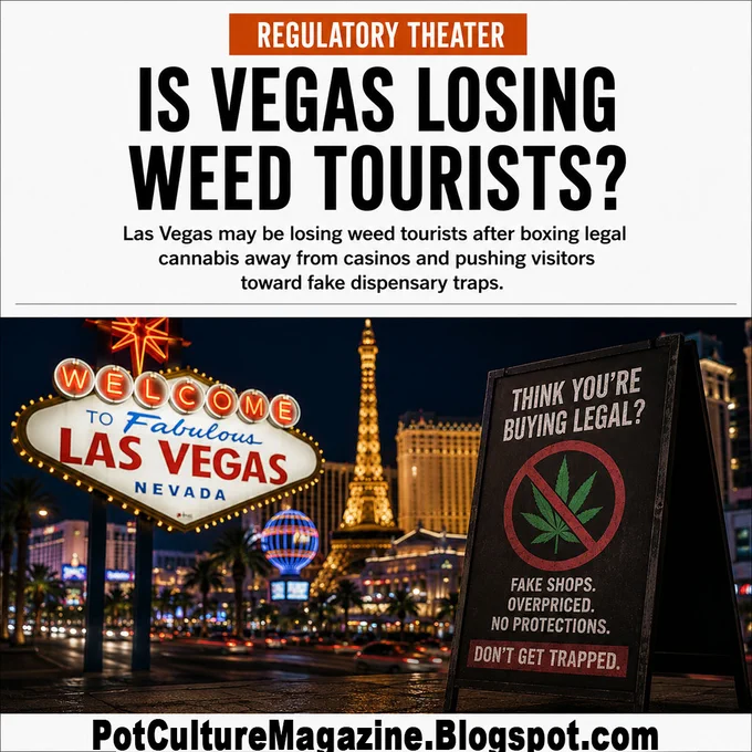 Teaser image titled “Is Vegas Losing Weed Tourists?” showing the Las Vegas Strip and welcome sign beside a sidewalk warning sign that reads “Think you’re buying legal?” and warns about fake shops, overpricing, no protections, and getting trapped, with PotCultureMagazine.Blogspot.com visible.