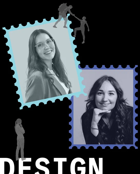 Two stylized postage stamp frames feature grayscale portraits of Ramona Chantaf and Lin Simonsson, set against a black background with small silhouette figures climbing and observing.