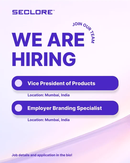 Purple and white job recruitment poster for Seclore. Main text reads: 'We Are Hiring. Join Our Team.' Two positions listed: 'Vice President of Products' and 'Employer Branding Specialist,' both located in Mumbai, India. Note at bottom: 'Job details and application in the bio!'