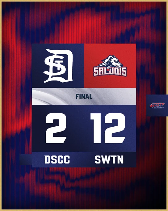 Final scoreboard showing DSCC with 2 points and SWTN Saluqis with 12 points against a red and blue background.
