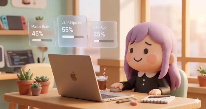 Building three AI systems in parallel — Master Brain (45%), VARS pipeline (55%), and surv app (25%) — visualized as floating progress bars in a warm home workspace.