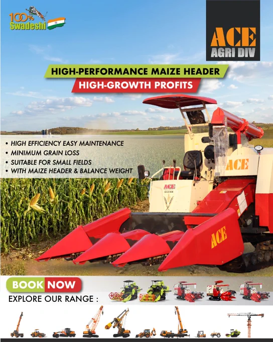 The ACE Ultra Harvester Combine, equipped with Maize Header & Balance Weight, delivers efficient harvesting with easy maintenance, minimum grain loss, and smooth performance in small fields—helping farmers achieve better productivity and higher returns with every harvest.

See more: https://www.ace-cranes.com/equipment/agri-equipment/harvester-combine-/ace-ultra