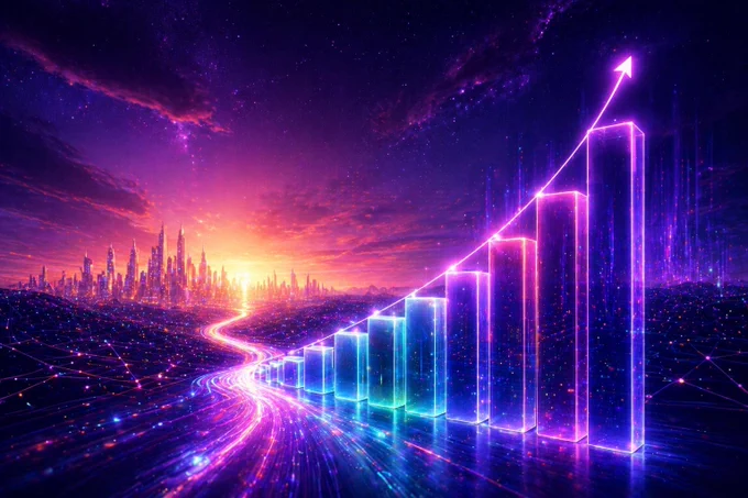 Futuristic digital landscape with glowing ascending data bars and a neon pathway leading toward a vibrant city skyline, symbolizing consistent progress, compounding growth, and long-term scalability for Kinny List, a Solana-powered Web3 marketplace focused on sustainable crypto innovation and reliable user experiences.