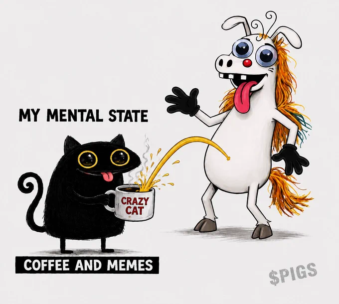 Funny crypto meme from the War Pigs Meme Arena featuring $VOIDKITTY and @PissinOnSol. A black cartoon cat with huge eyes happily holds a coffee mug labeled “Crazy Cat” under text reading “MY MENTAL STATE” and “COFFEE AND MEMES,” while the goofy Pissin horse character stands beside him peeing directly into the coffee. The image has clean minimalist meme styling with a subtle faded $PIGS watermark in the corner, giving it the feel of a playful crypto meme war and trench humor crossover between meme coin communities.
