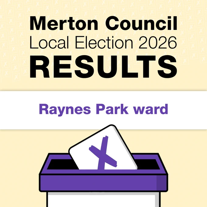 Merton Council Local Election 2026 results for Raynes Park ward, with a ballot box and a ballot paper marked with an X.