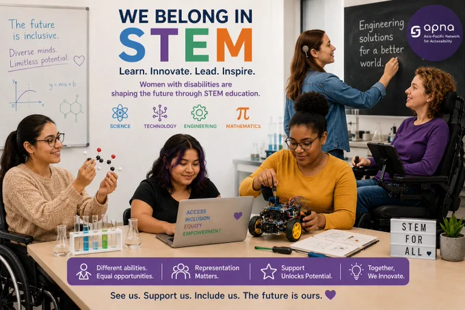 A diverse group of women with disabilities participating in STEM education activities in a modern classroom. Some participants use wheelchairs or assistive technology while collaborating on robotics, science experiments, coding, and engineering projects. Educational posters and STEM symbols appear in the background, emphasizing inclusion, accessibility, and empowerment in science, technology, engineering, and mathematics.