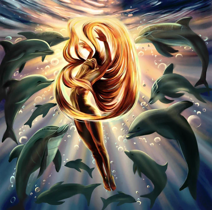 She was never afraid of drowning.
What frightened her was living without feeling.

Since childhood, she carried two worlds within herself
a quiet ocean of emotions,
and a fire that refused to sleep.

People told her to choose one.
Be calm or be wild.
Soft or strong.
But she was born from both.

One night, when the weight of the world became too heavy,
she walked into the sea.
Not to disappear
but to remember herself.

The dolphins circled around her like ancient guardians,
guiding her deeper into silence,
where no voices existed except her own soul.

And there, beneath the water and light,
her fire finally began to dance instead of burn.

She understood then:
the ocean was never trying to extinguish her flames.
It was teaching them how to flow.

From that moment,
she no longer belonged to fear,
or expectations,
or the versions of herself created for others.

She became something freer
a living harmony between passion and peace.

A soul of fire,
breathing underwater…