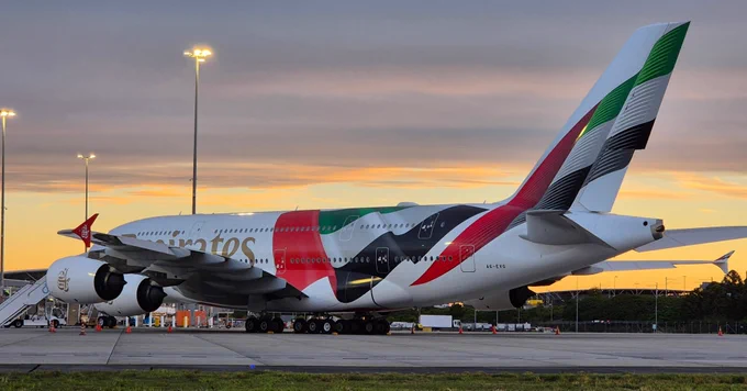 Emirates A380 featuring the new UAE flag-inspired livery design during takeoff, highlighting the airline’s updated patriotic look 🇦🇪✈️