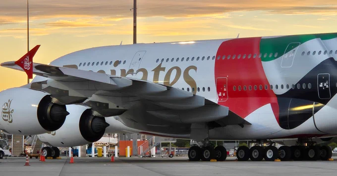 Close-up view of the new UAE flag design on an Emirates Airbus A380, showcasing the bold red, green, white, and black colors 👀🇦🇪