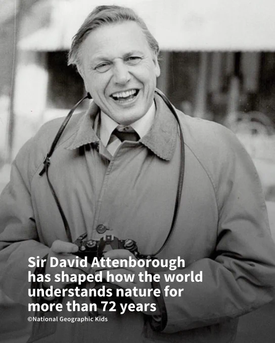 Black and white photo of young Sir David Attenbrough in a trench coat holding a camera, symbolizing decades of nature exploration and documentation.