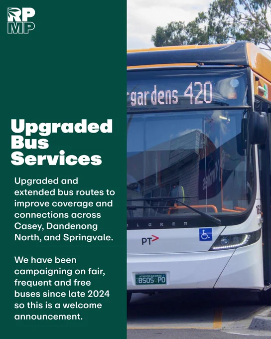 A bus image with text highlighting upgrades to bus routes in Casey, Dandenong North, and Springvale. The mood is informative and welcoming.
