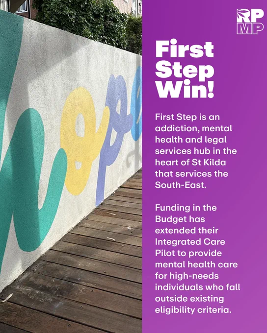 Informative image about First Step's expanded mental health services in St Kilda. Includes vivid wall art and text.
