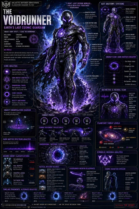 Create a visually explosive infographic poster about an original sci-fi superhero called “THE VOIDRUNNER” — a cosmic guardian who manipulates gravity, dark matter, and dimensional energy. Design the artwork like a classified futuristic intelligence dossier fused with a premium cinematic comic-book encyclopedia spread.

The centerpiece should feature an ultra-detailed photorealistic superhero in a dominant heroic pose, emerging from a collapsing dimensional rift. His armor is forged from black titanium infused with glowing violet energy veins, featuring intricate biomechanical textures, tactical plating, holographic interfaces, and battle scars from interdimensional wars. The suit emits subtle gravitational distortions around its surface, bending nearby particles and light.

The character should feel grounded, believable, and physically realistic while still appearing mythic and godlike. Use dramatic cinematic lighting, atmospheric smoke, energy particles, lens flares, and intense envir