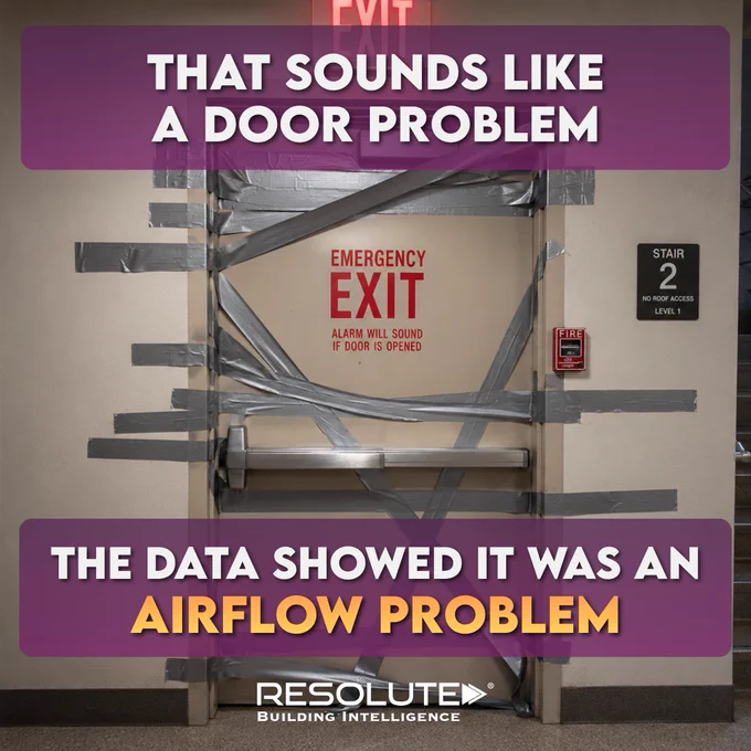 Emergency exit door covered with silver duct tape in a building stairwell. Text overlay reads, “That sounds like a door problem. The data showed it was an airflow problem.” Resolute Building Intelligence logo appears at the bottom.