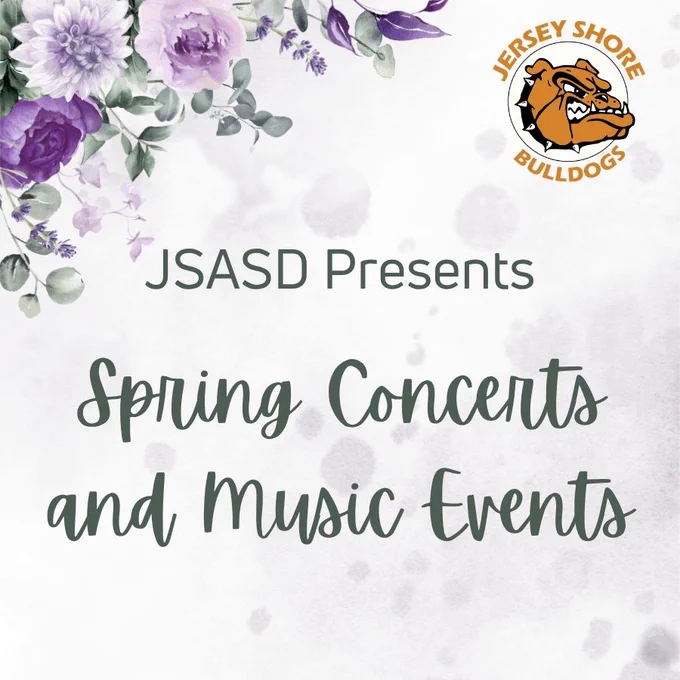 Decorative Spring graphic with the JSASD logo and text that says, "JSASD Presents Spring Concerts and Music Events".