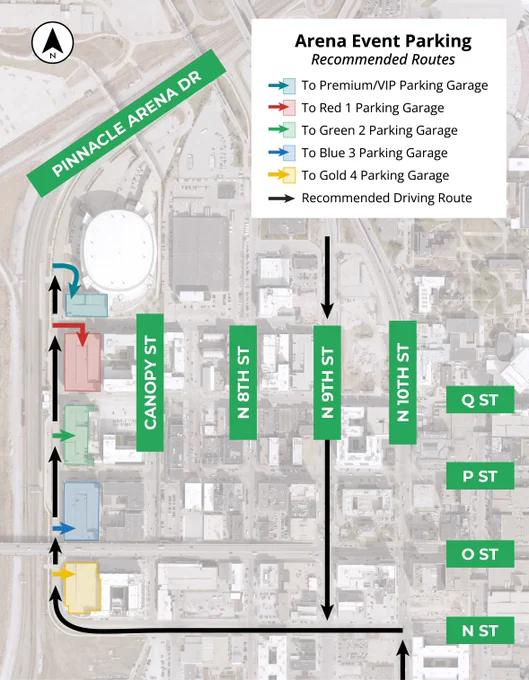 Map showing recommended parking routes around an arena. Garages marked by color: Red, Green, Blue, and Gold. Streets labeled with names like Pinnacle Arena Dr, Canopy St, and Q St. Arrows indicate driving directions.