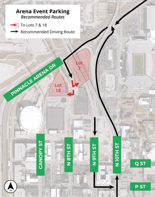 Map showing recommended driving routes for arena event parking to Lots 7 and 18. Green arrows indicate the path along Canopy St, N 7th St, N 9th St, and Q St, leading toward Pinnacle Arena Dr. Pinnacle Bank Arena and parking lots are marked.