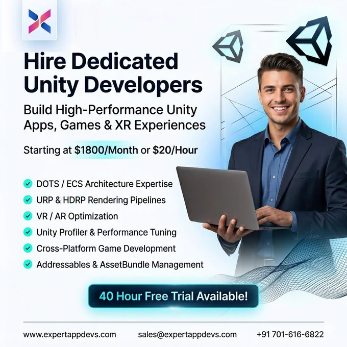 Professional corporate promotional banner for hiring dedicated Unity developers from Expert App Devs, featuring a senior software developer holding a laptop, futuristic Unity-inspired blue geometric background, enterprise technology design, pricing at $1800/month or $20/hour, and a 40-hour free trial call-to-action.