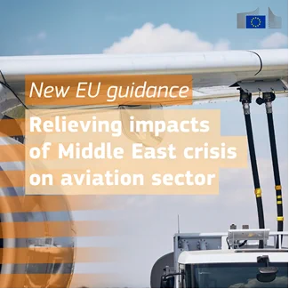 Photo showing an airplane being filled up with fuel. text reads: New EU guidelines - relieving impacts of Middle East crisis on aviation sector. 