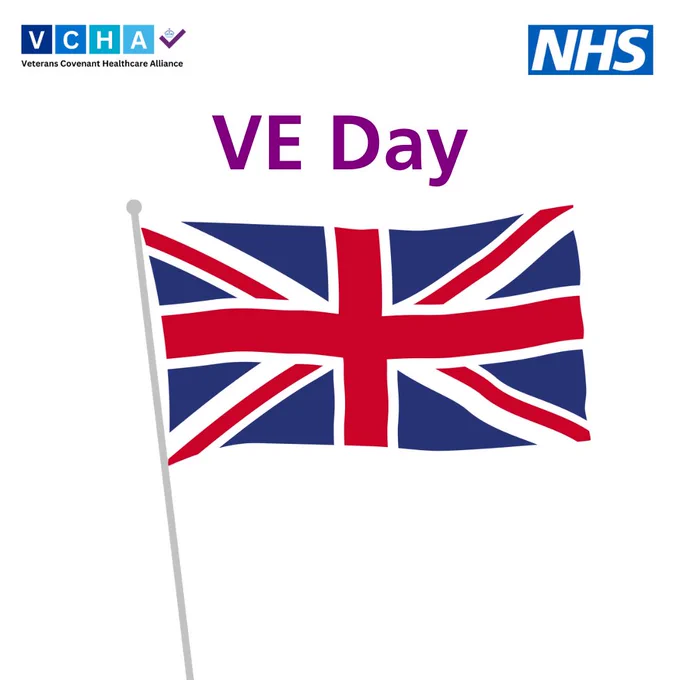 Graphic with the logos of the Veterans Covenant Healthcare Alliance and the NHS at the top. The text ‘VE Day’ appears in purple. Below it is an illustration of a waving Union Jack flag on a flagpole.”