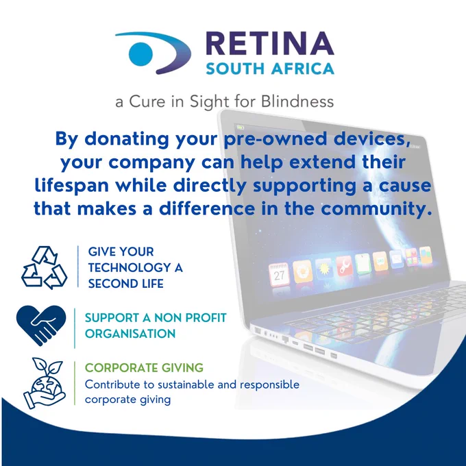 Promotional graphic from Retina South Africa encouraging companies to donate pre-owned laptops. The image features a laptop on the right, the Retina South Africa logo at the top, and text explaining that donating devices can extend their lifespan and support a meaningful community cause. Icons highlight key benefits: giving technology a second life, supporting a non-profit organisation, and contributing to sustainable corporate giving