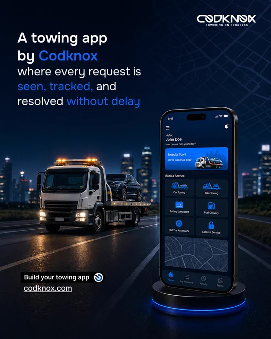An infographic image with text “A towing app by Codknox where every request is seen, tracked, and resolved without delay.”
