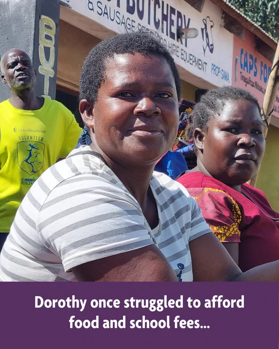A carousel summarising key points from Dorothy’s story. Image one shows a photo of Dorothy with other people around her, below, in a banner, text reads ‘Dorothy once struggled to afford food and school fees…’  Image two shows a photo of Dorothy holding a cabbage and talking to a MicroLoan Foundation loan officer. Below, in a banner, text reads ‘So she joined MicroLoan Foundation and invested in her cabbage stall...’ Image three shows a photo of Dorothy serving a customer at her cabbage stall. Below, in a banner, text reads ‘Now her business is thriving and her children are back in school.’ Image four is a purple background with a matched giving icon and the text ‘Please help us support more women like Dorothy. Donate today and your gift will be matched!’