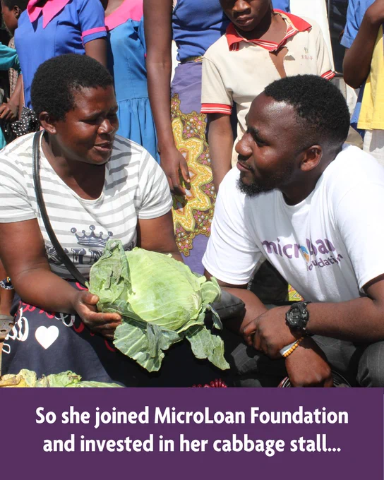 A carousel summarising key points from Dorothy’s story. Image one shows a photo of Dorothy with other people around her, below, in a banner, text reads ‘Dorothy once struggled to afford food and school fees…’  Image two shows a photo of Dorothy holding a cabbage and talking to a MicroLoan Foundation loan officer. Below, in a banner, text reads ‘So she joined MicroLoan Foundation and invested in her cabbage stall...’ Image three shows a photo of Dorothy serving a customer at her cabbage stall. Below, in a banner, text reads ‘Now her business is thriving and her children are back in school.’ Image four is a purple background with a matched giving icon and the text ‘Please help us support more women like Dorothy. Donate today and your gift will be matched!’