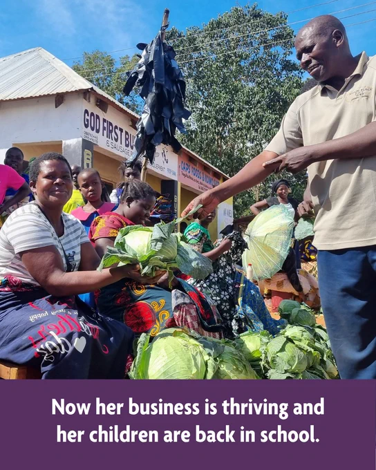 A carousel summarising key points from Dorothy’s story. Image one shows a photo of Dorothy with other people around her, below, in a banner, text reads ‘Dorothy once struggled to afford food and school fees…’  Image two shows a photo of Dorothy holding a cabbage and talking to a MicroLoan Foundation loan officer. Below, in a banner, text reads ‘So she joined MicroLoan Foundation and invested in her cabbage stall...’ Image three shows a photo of Dorothy serving a customer at her cabbage stall. Below, in a banner, text reads ‘Now her business is thriving and her children are back in school.’ Image four is a purple background with a matched giving icon and the text ‘Please help us support more women like Dorothy. Donate today and your gift will be matched!’
