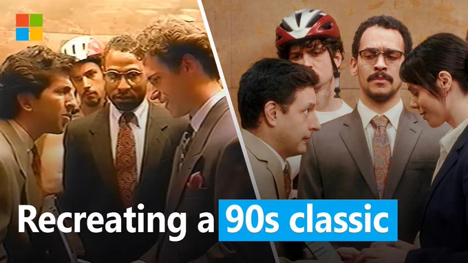 Screenshot of Excel commerical from 90s and then the screenshot of the recreated version on the right with the copy "Recreating a 90s classic"