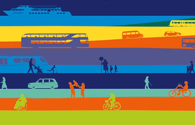 Illustration of people using different types of transport.