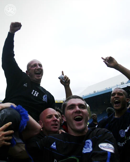 Ian Holloway (left) leading QPR's promotion celebrations at Hillsborough on 8th May 2004.