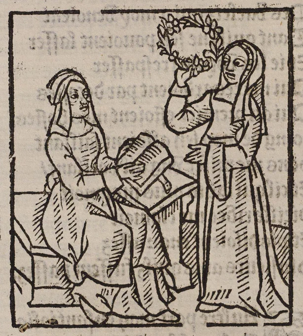 Woodcut showing a woman reading from Le rommant de la rose (Paris, 1526)