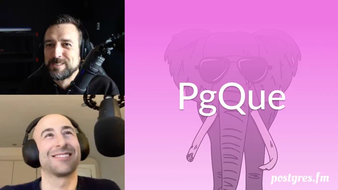 Pictures of Nik and Michael mid-recording, the episode title "PgQue", against a pink backround with an elephant wearing sunglasses.
